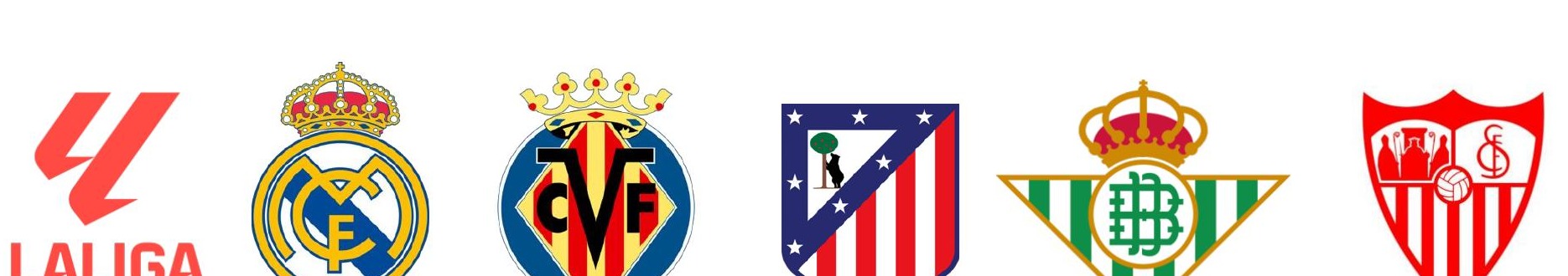 Escudos de clubes: LaLiga, Real Madrid, Villarreal CF, Atlético de Madrid, Real Betis, Sevilla FC